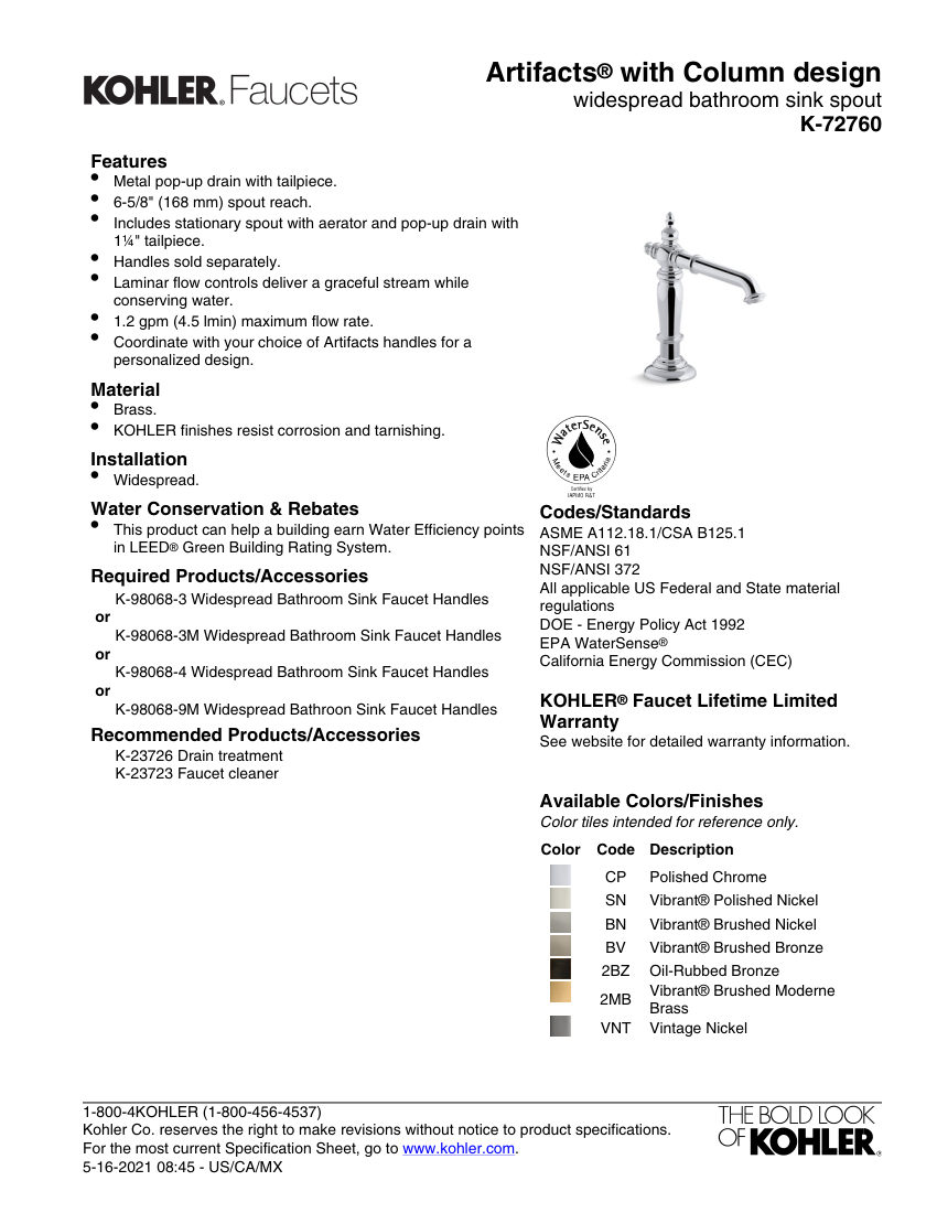 Kohler 72760 cut sheet — first page