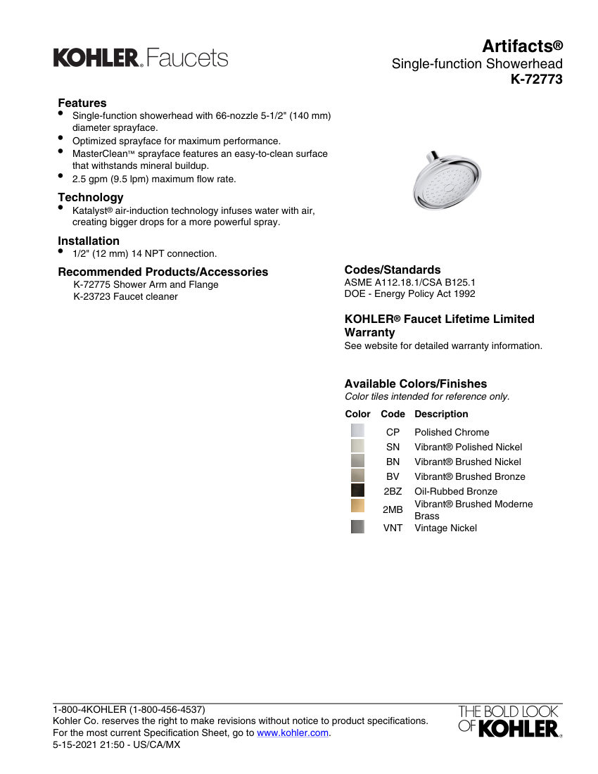 Kohler 72773 cut sheet — first page