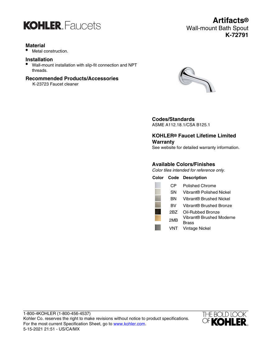 Kohler 72791 cut sheet — first page