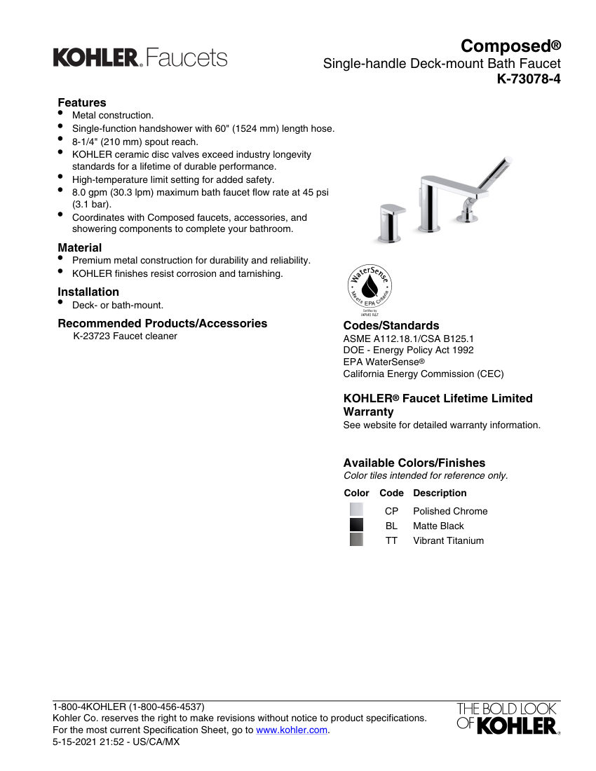 Kohler 73078-4 cut sheet — first page