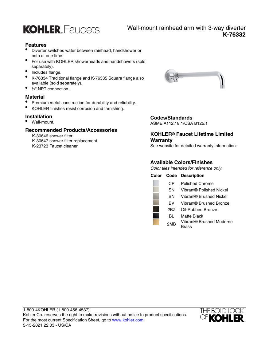 Kohler 76332 cut sheet — first page