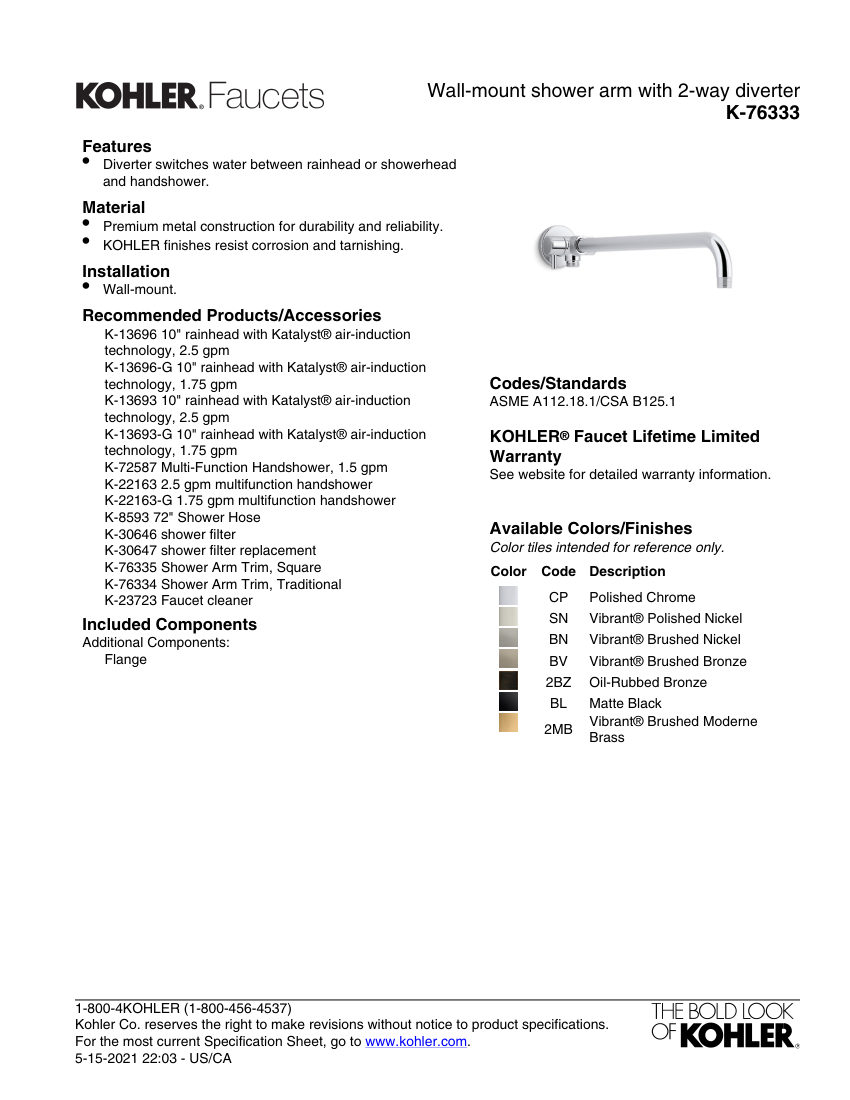 Kohler 76333 cut sheet — first page