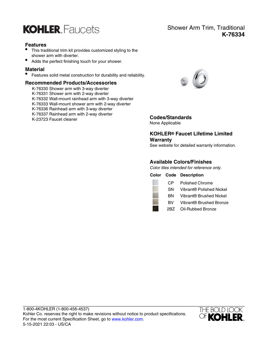 Kohler 76334 cut sheet — first page