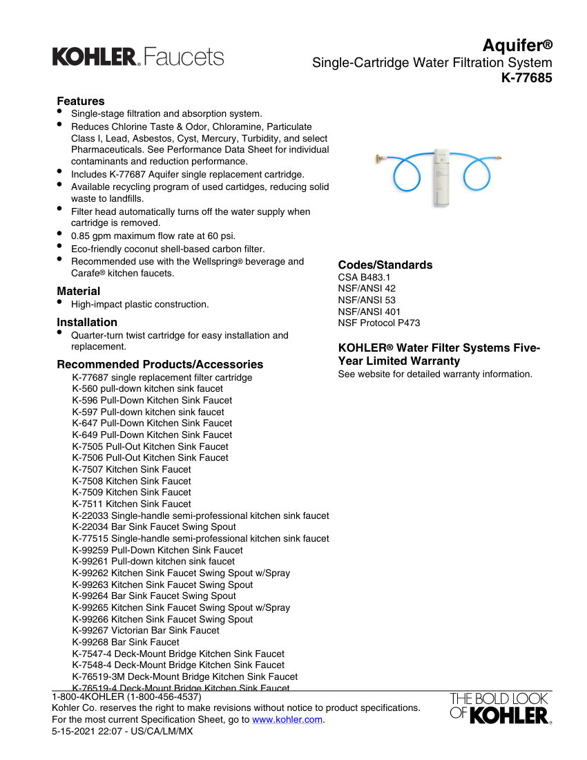 Kohler 77685 cut sheet — first page