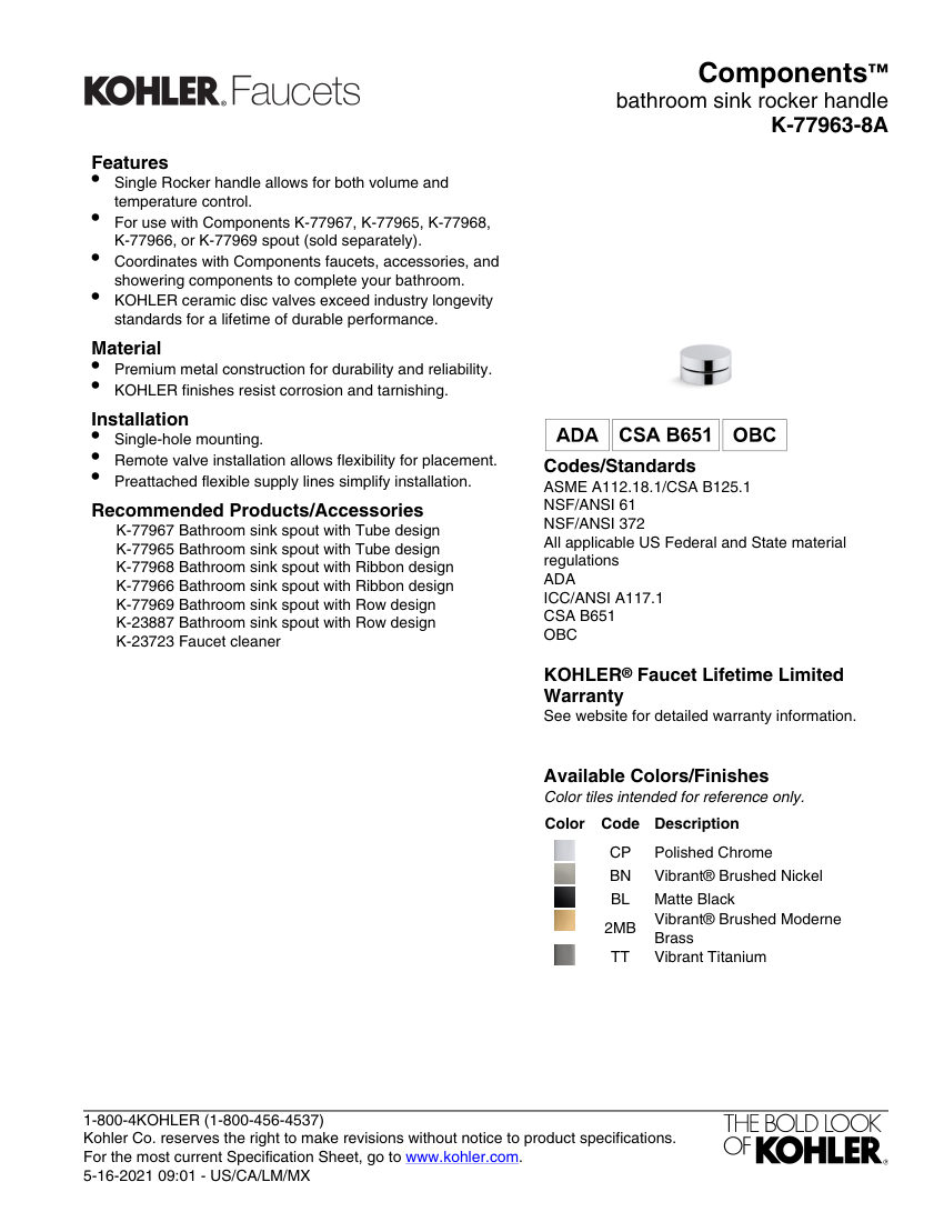 Kohler 77963-8A cut sheet — first page