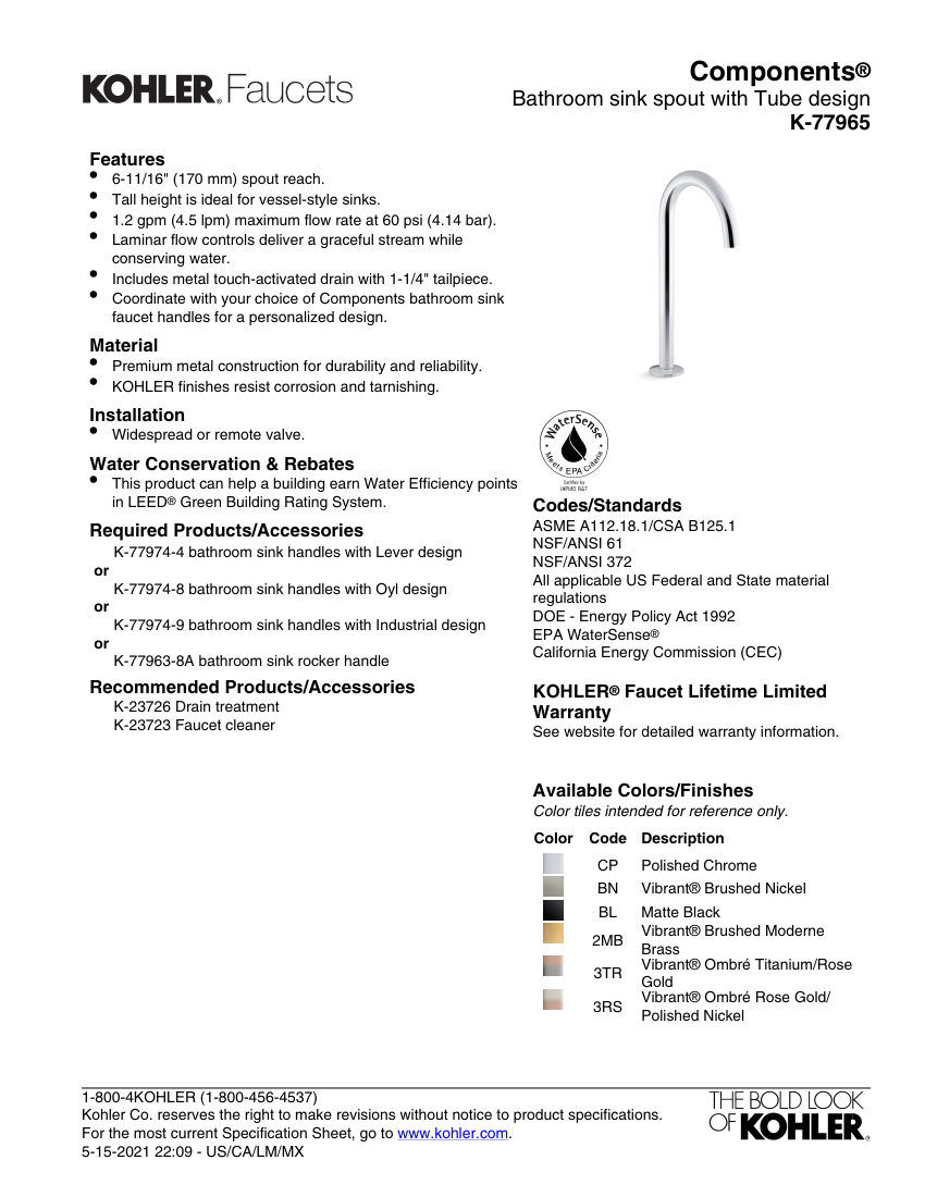 Kohler 77965 cut sheet — first page