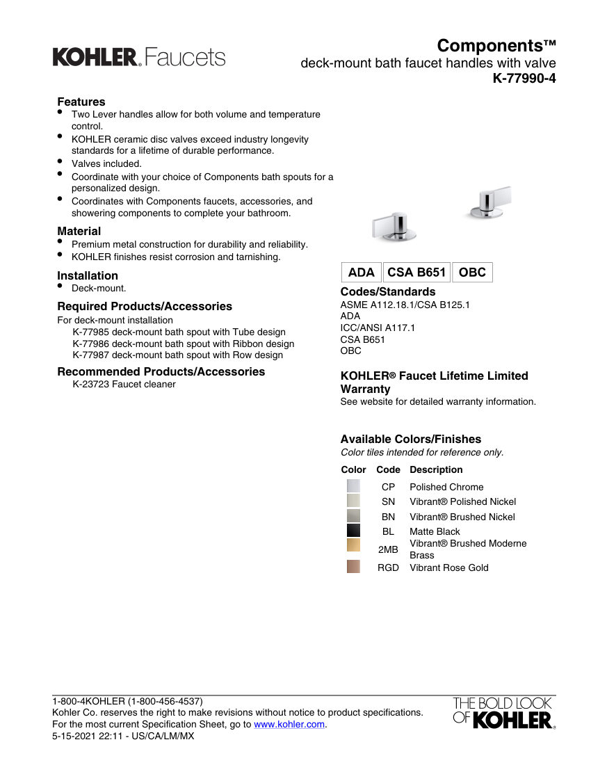 Kohler 77990-4 cut sheet — first page