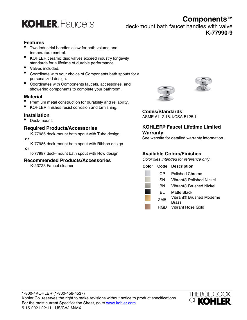 Kohler 77990-9 cut sheet — first page