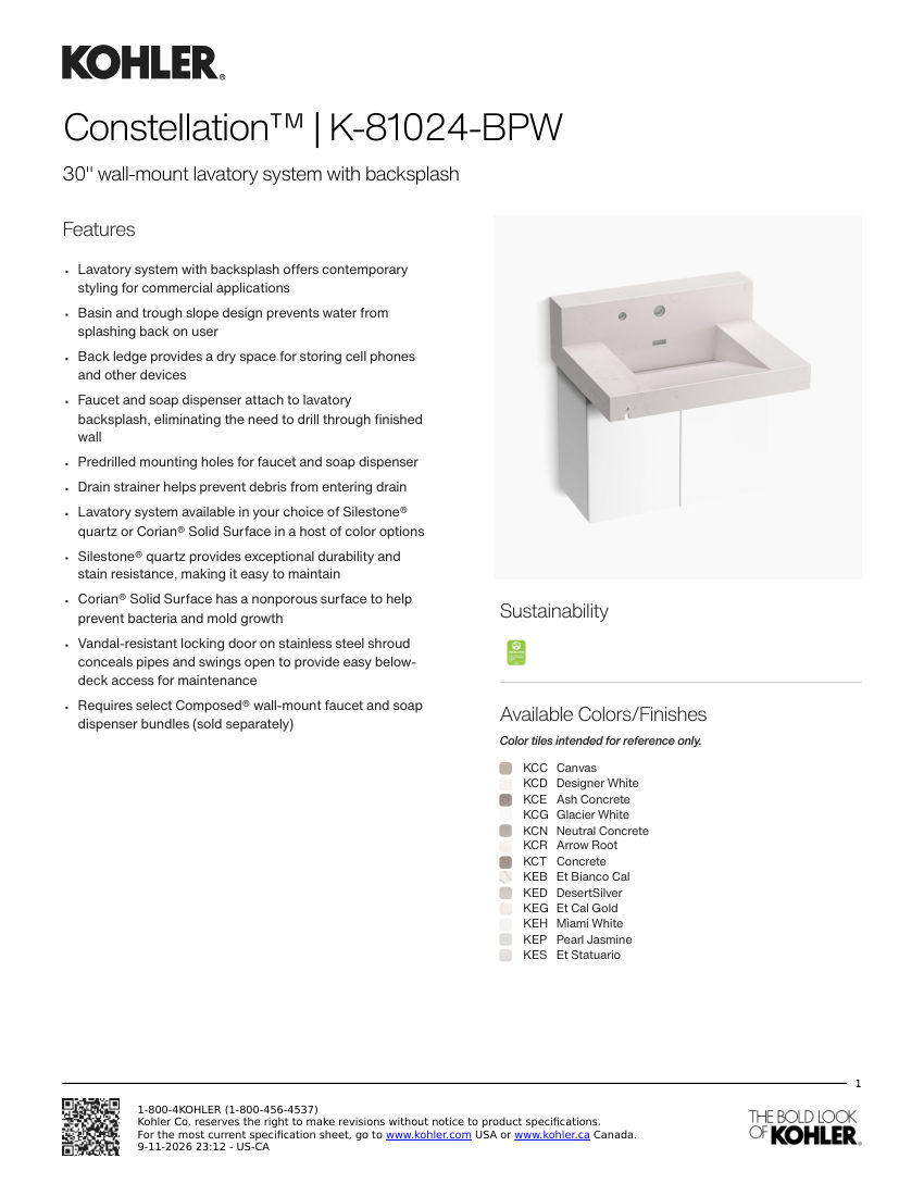 Kohler 81024-BPW cut sheet — first page