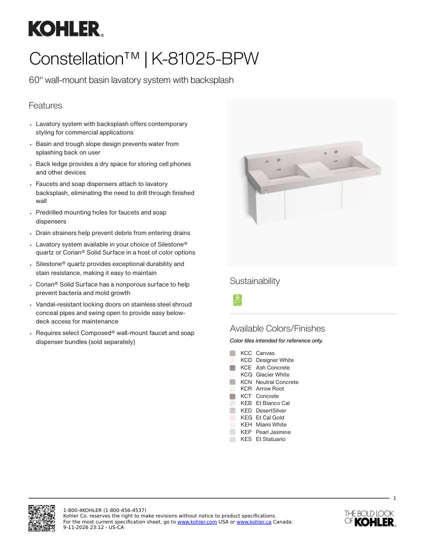 Kohler 81025-BPW cut sheet — first page