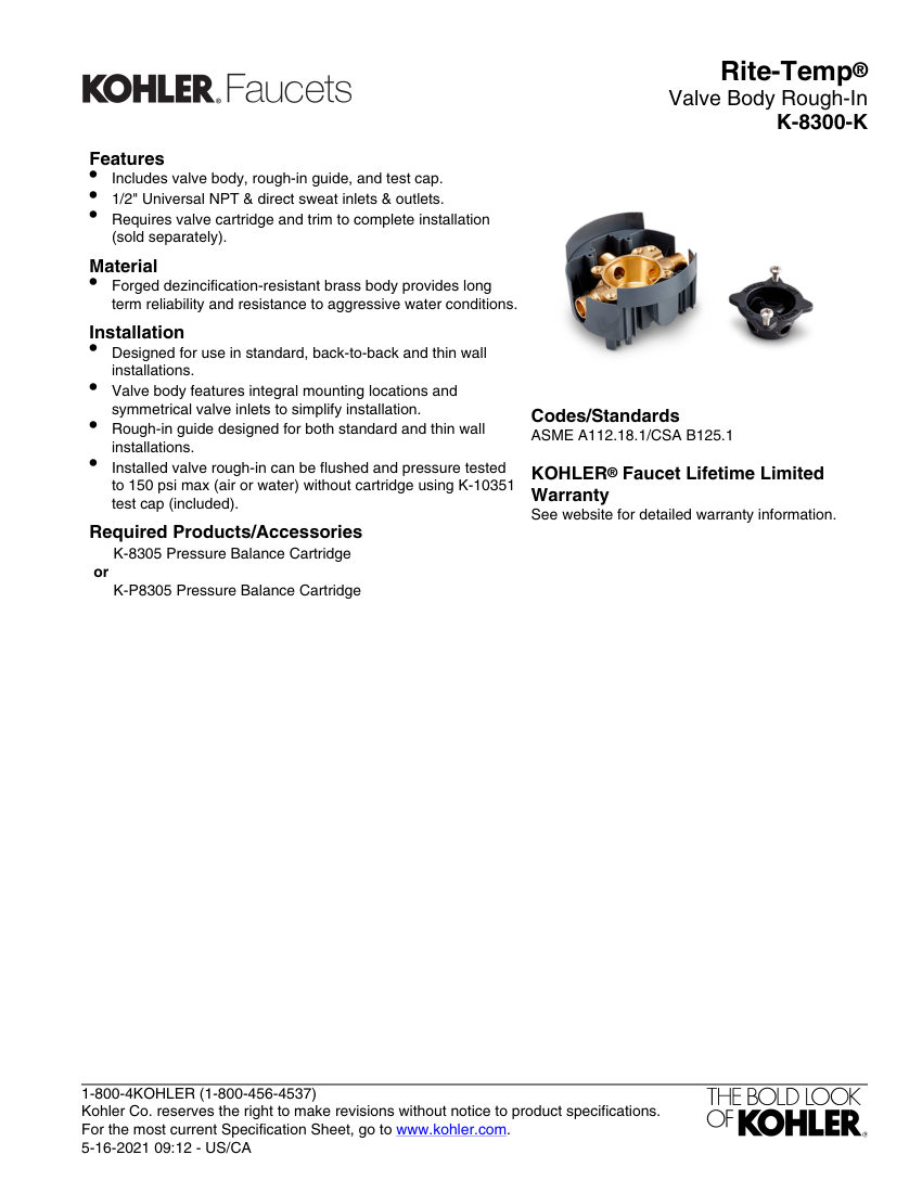 Kohler 8300-K cut sheet — first page