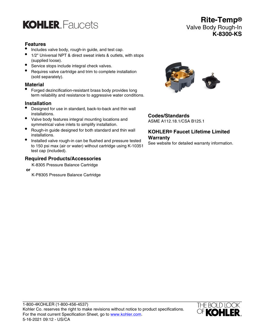 Kohler 8300-KS cut sheet — first page