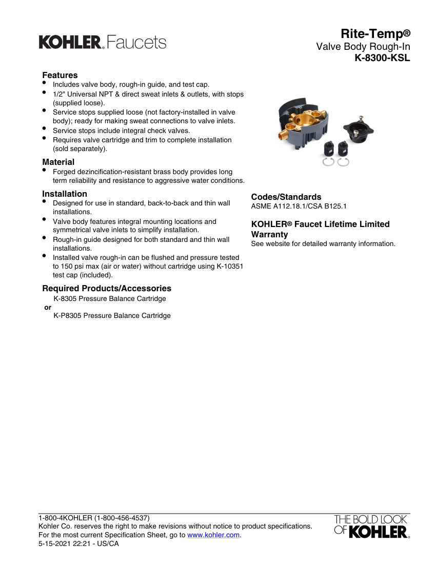 Kohler 8300-KSL cut sheet — first page
