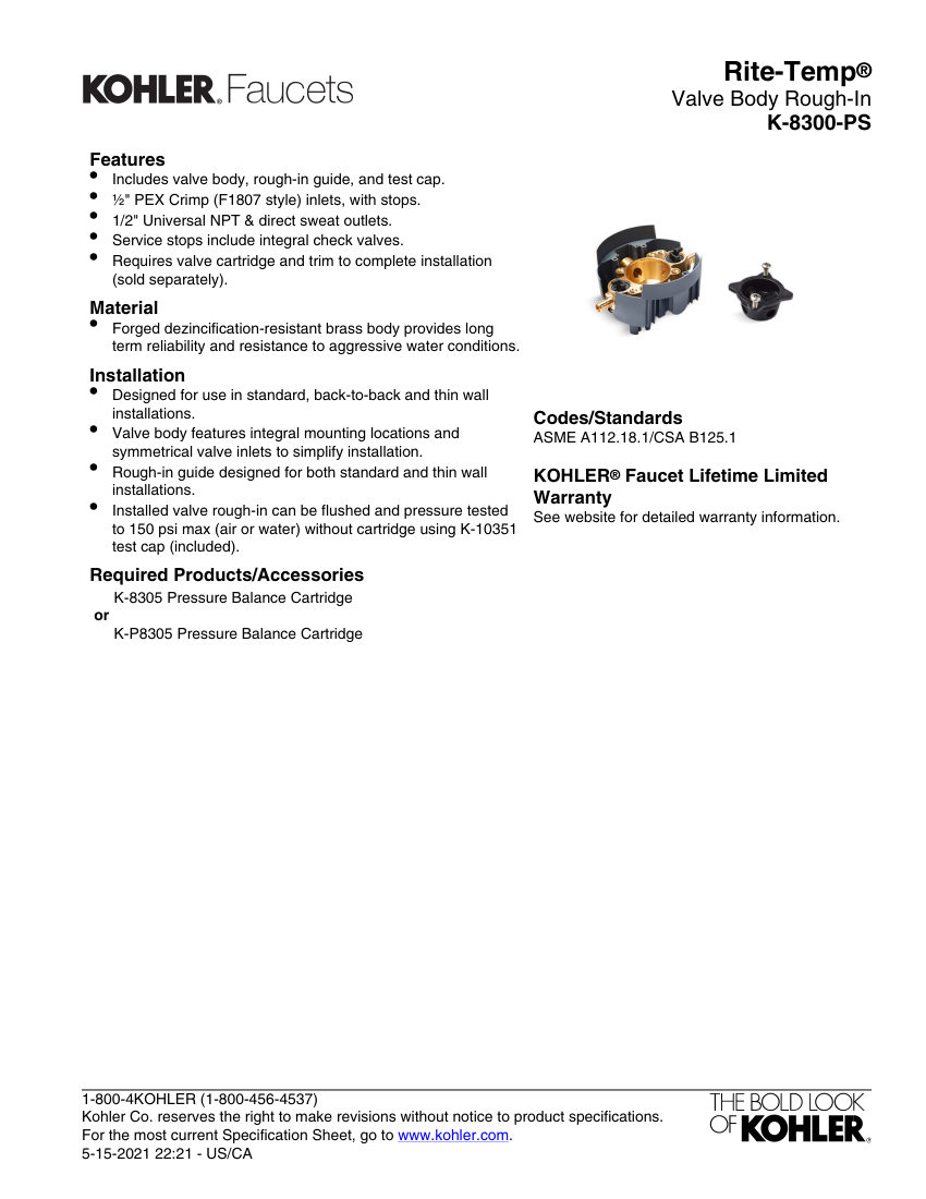 Kohler 8300-PS cut sheet — first page