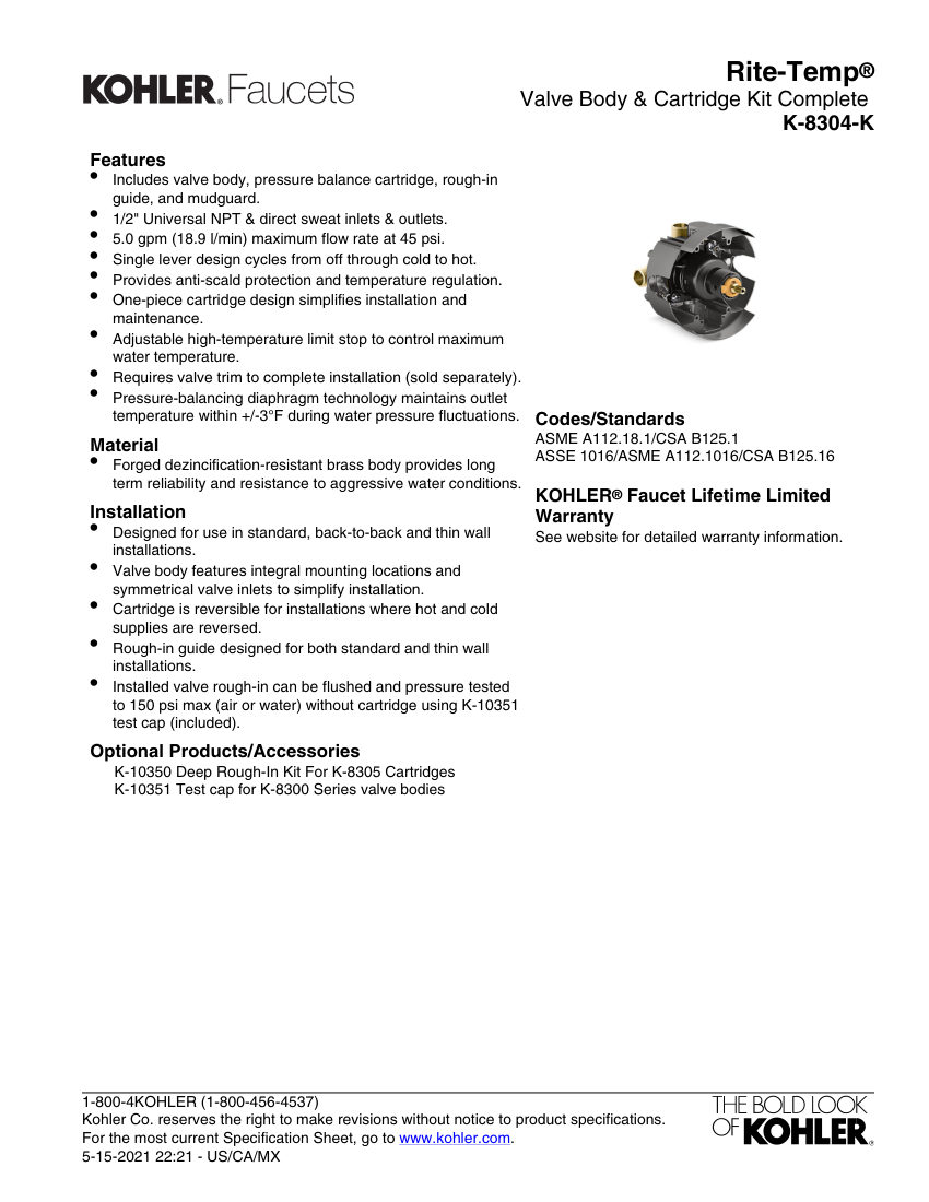 Kohler 8304-K cut sheet — first page