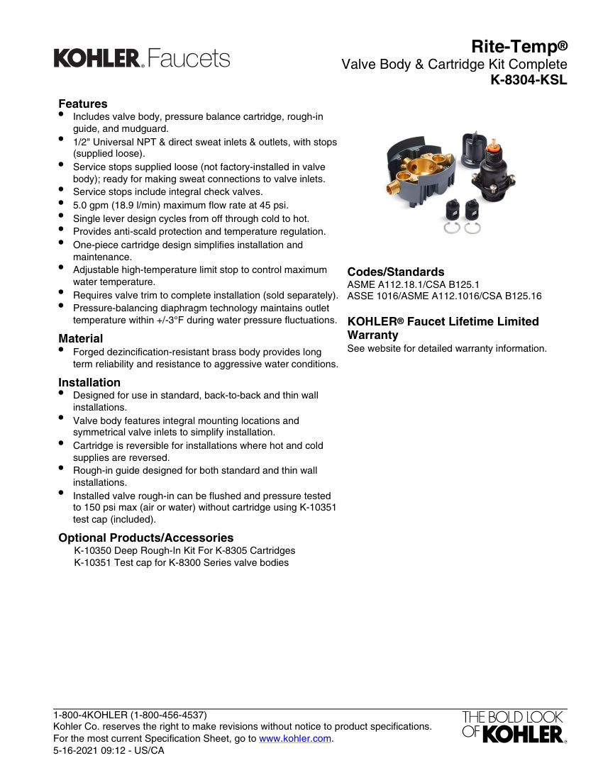 Kohler 8304-KSL cut sheet — first page