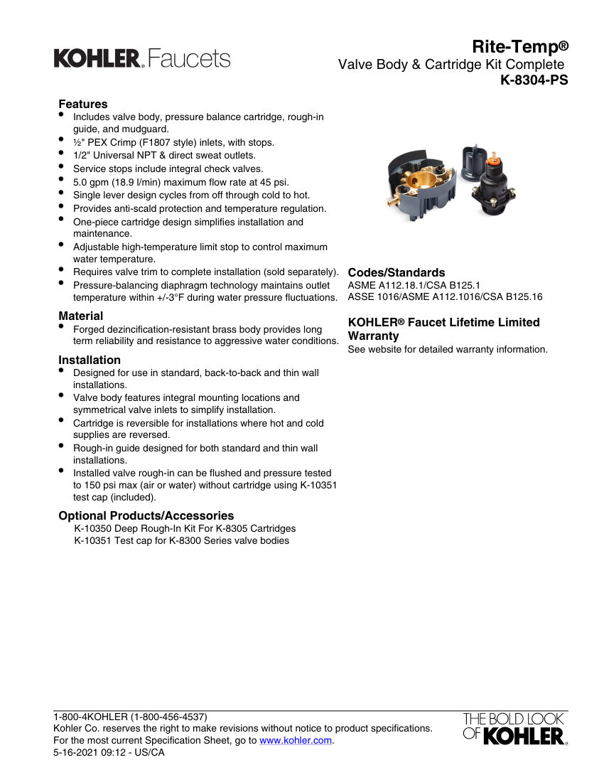Kohler 8304-PS cut sheet — first page