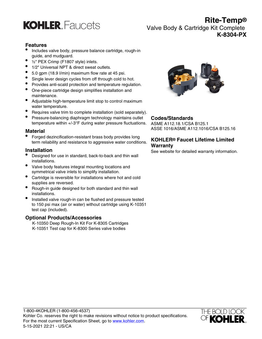 Kohler 8304-PX cut sheet — first page