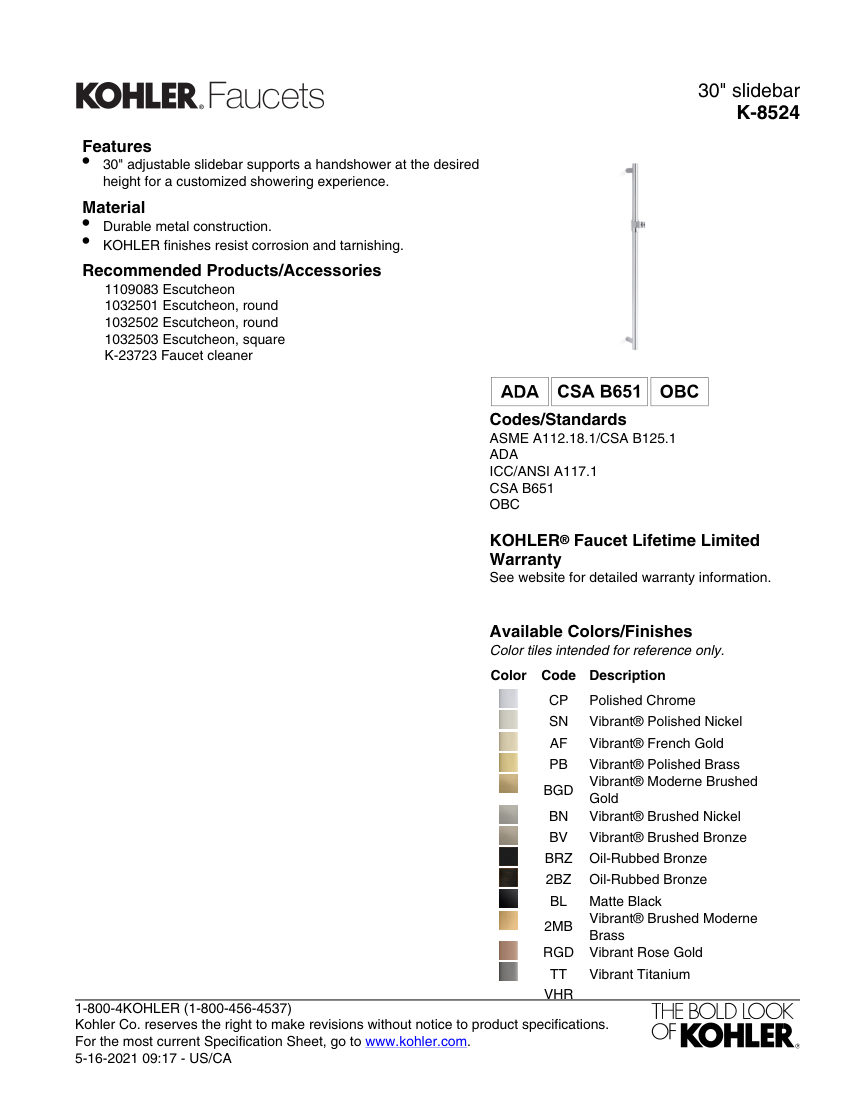 Kohler 8524 cut sheet — first page
