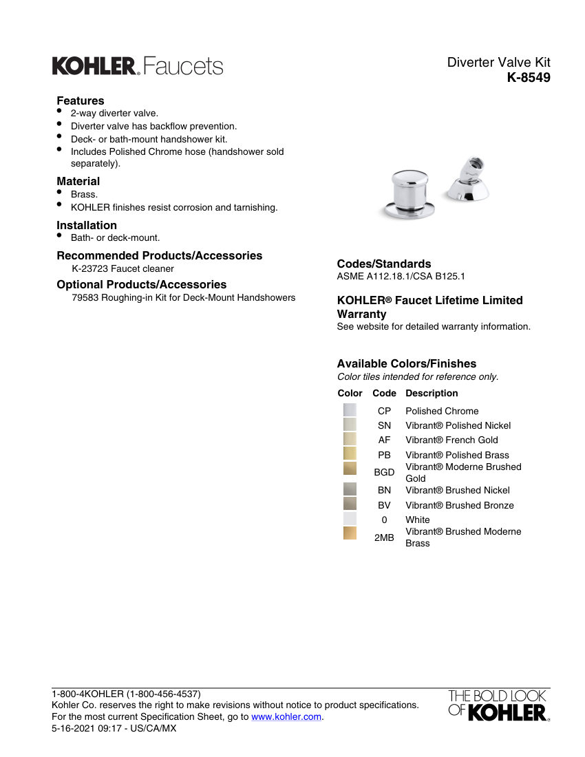 Kohler 8549 cut sheet — first page