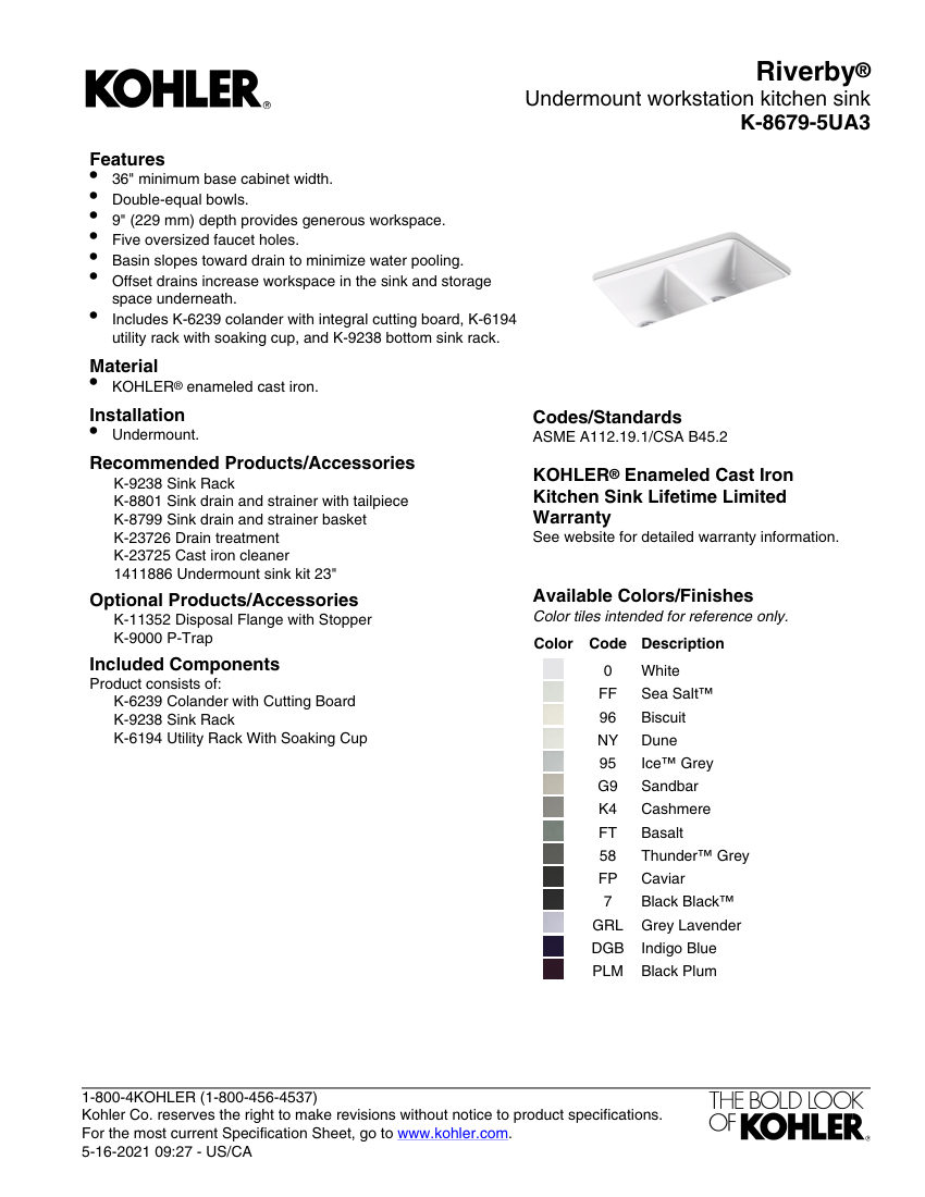 Kohler 8679-5UA3 cut sheet — first page