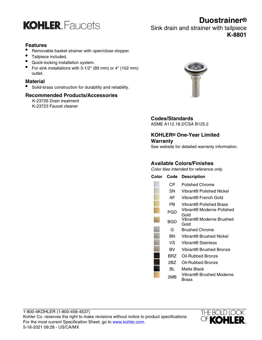 Kohler 8801 cut sheet — first page