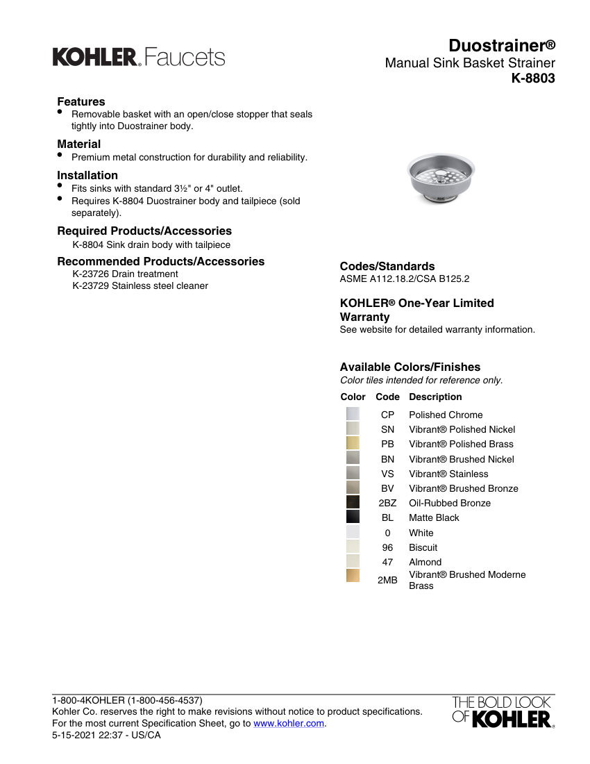 Kohler 8803 cut sheet — first page