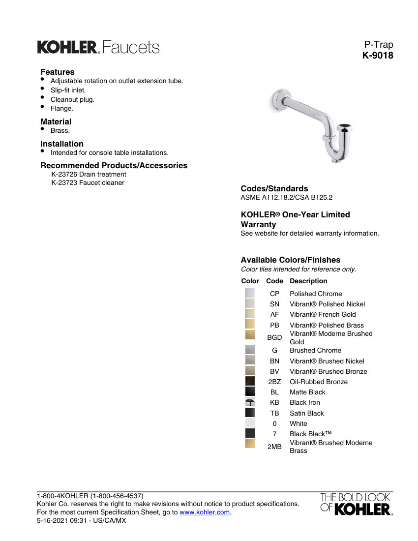 Kohler 9018 cut sheet — first page