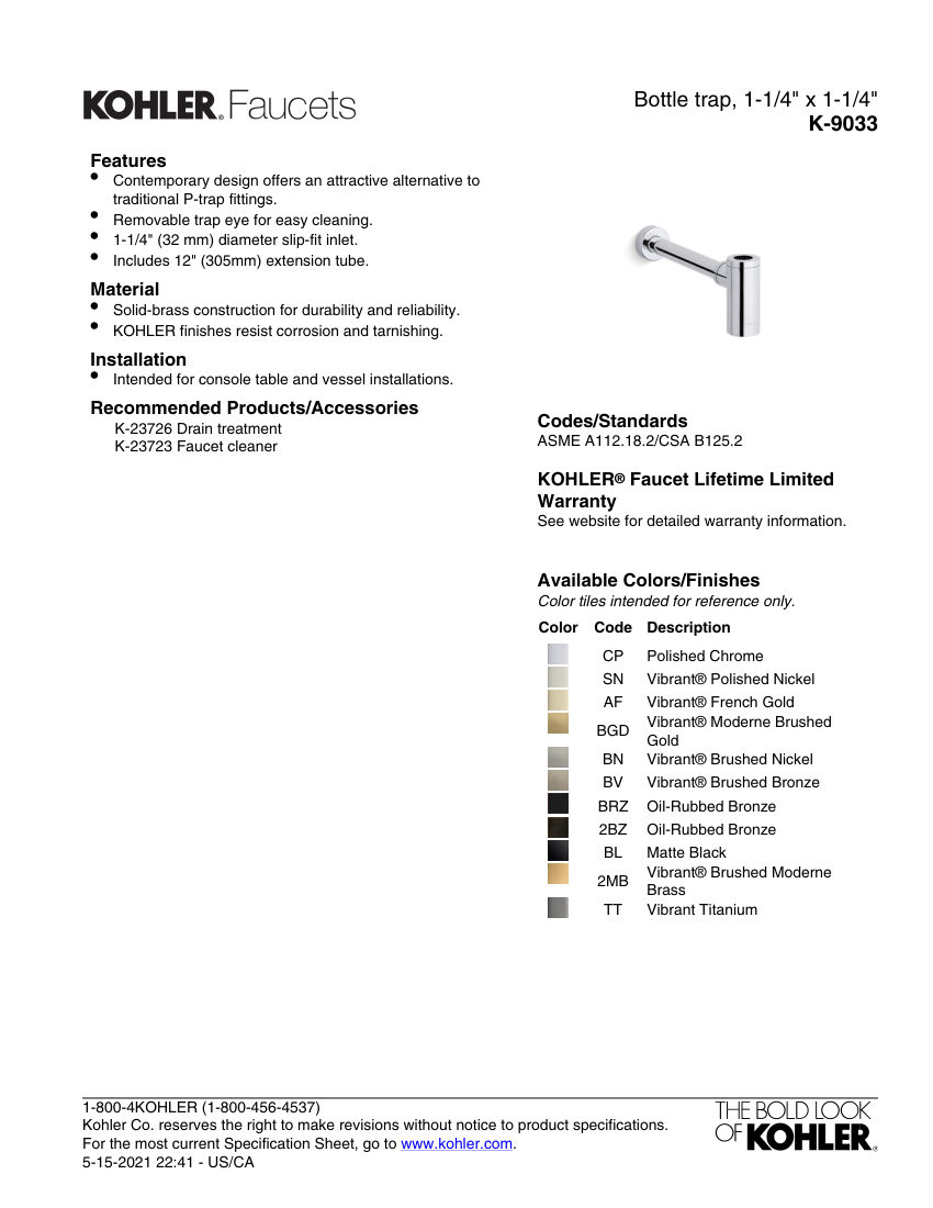 Kohler 9033 cut sheet — first page