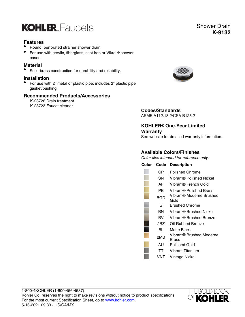 Kohler 9132 cut sheet — first page