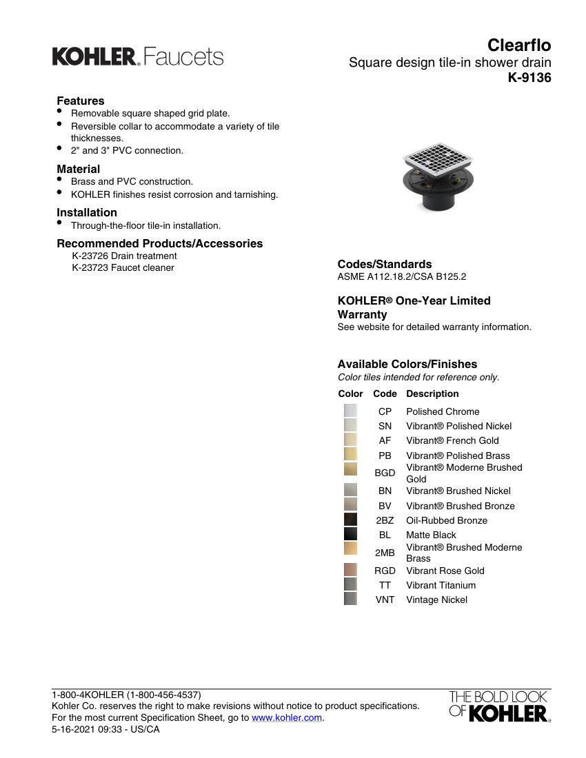 Kohler 9136 cut sheet — first page