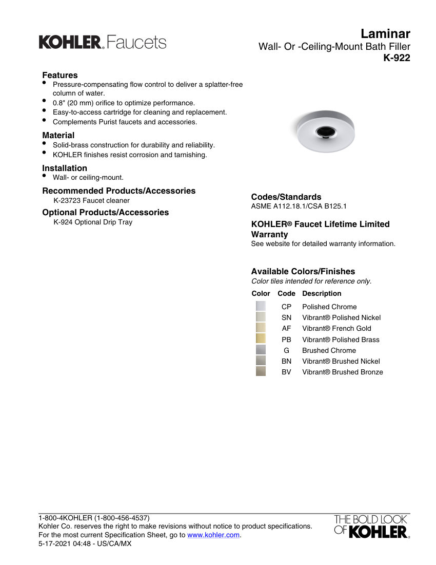 Kohler 922 cut sheet — first page