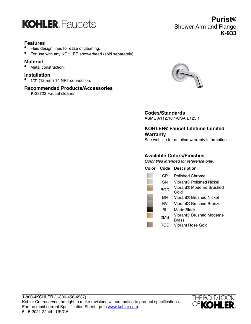 Kohler 933 cut sheet — first page