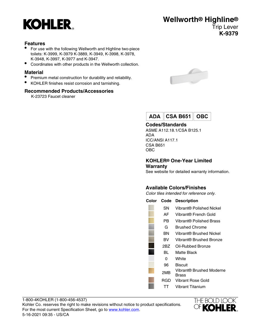 Kohler 9379 cut sheet — first page