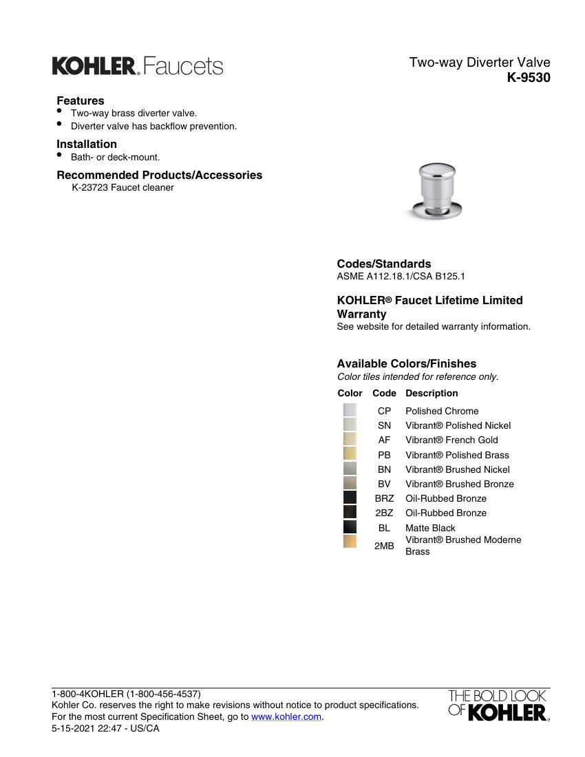 Kohler 9530 cut sheet — first page
