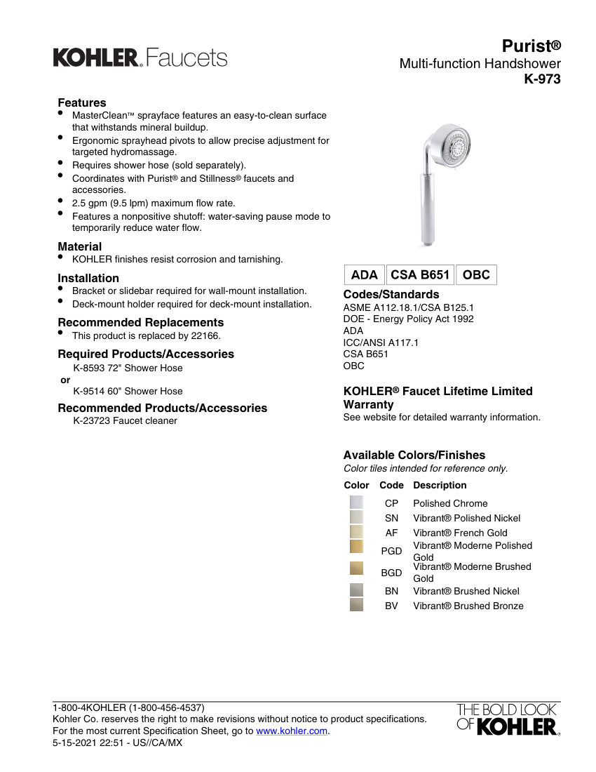 Kohler 973 cut sheet — first page