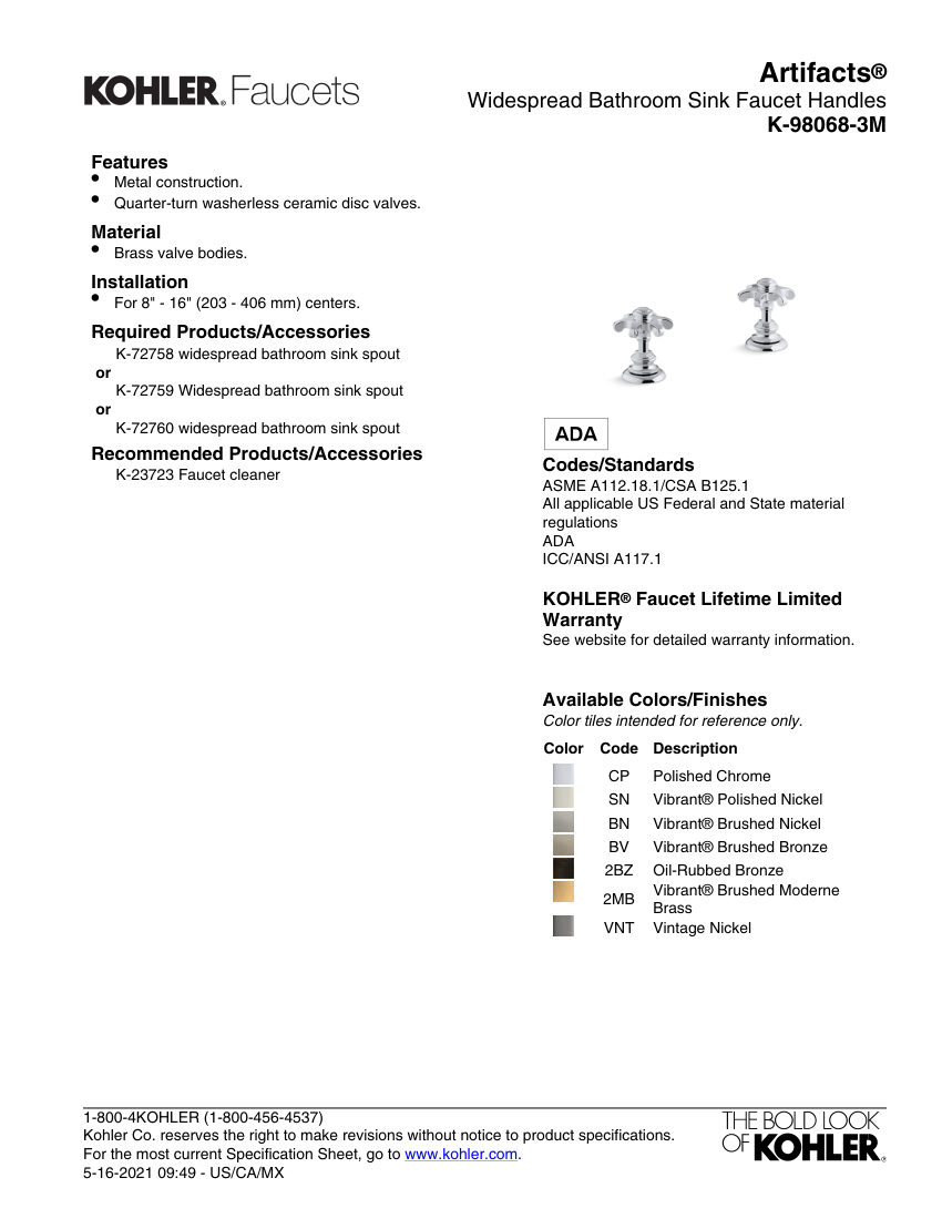 Kohler 98068-3M cut sheet — first page
