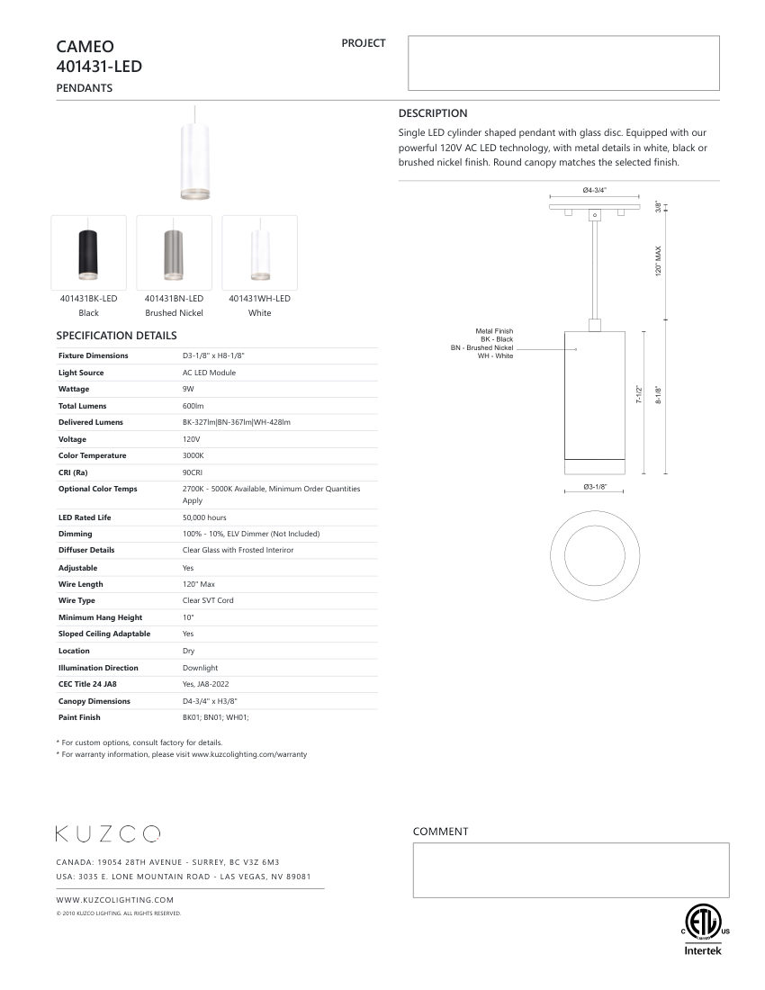 Kuzco Lighting 401431BK-LED cut sheet — first page
