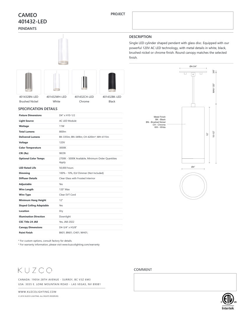 Kuzco Lighting 401432BK-LED cut sheet — first page