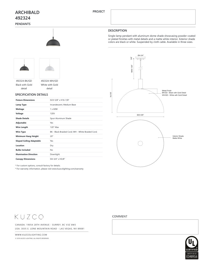 Kuzco Lighting 492324-WH/GD cut sheet — first page