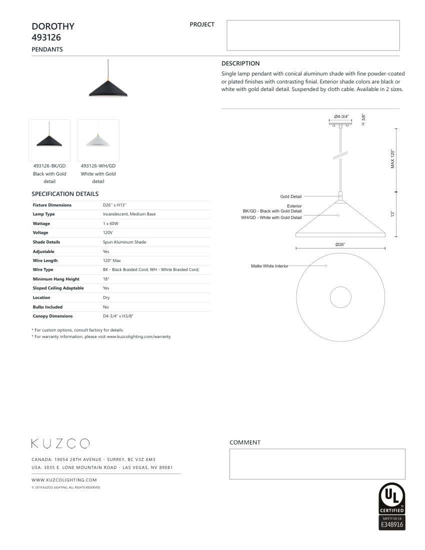 Kuzco Lighting 493126-WH/GD cut sheet — first page