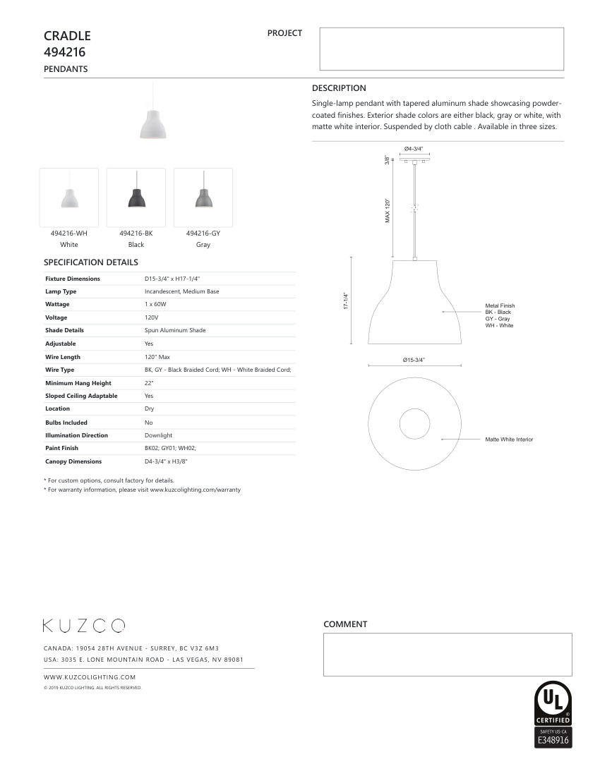 Kuzco Lighting 494216-WH cut sheet — first page