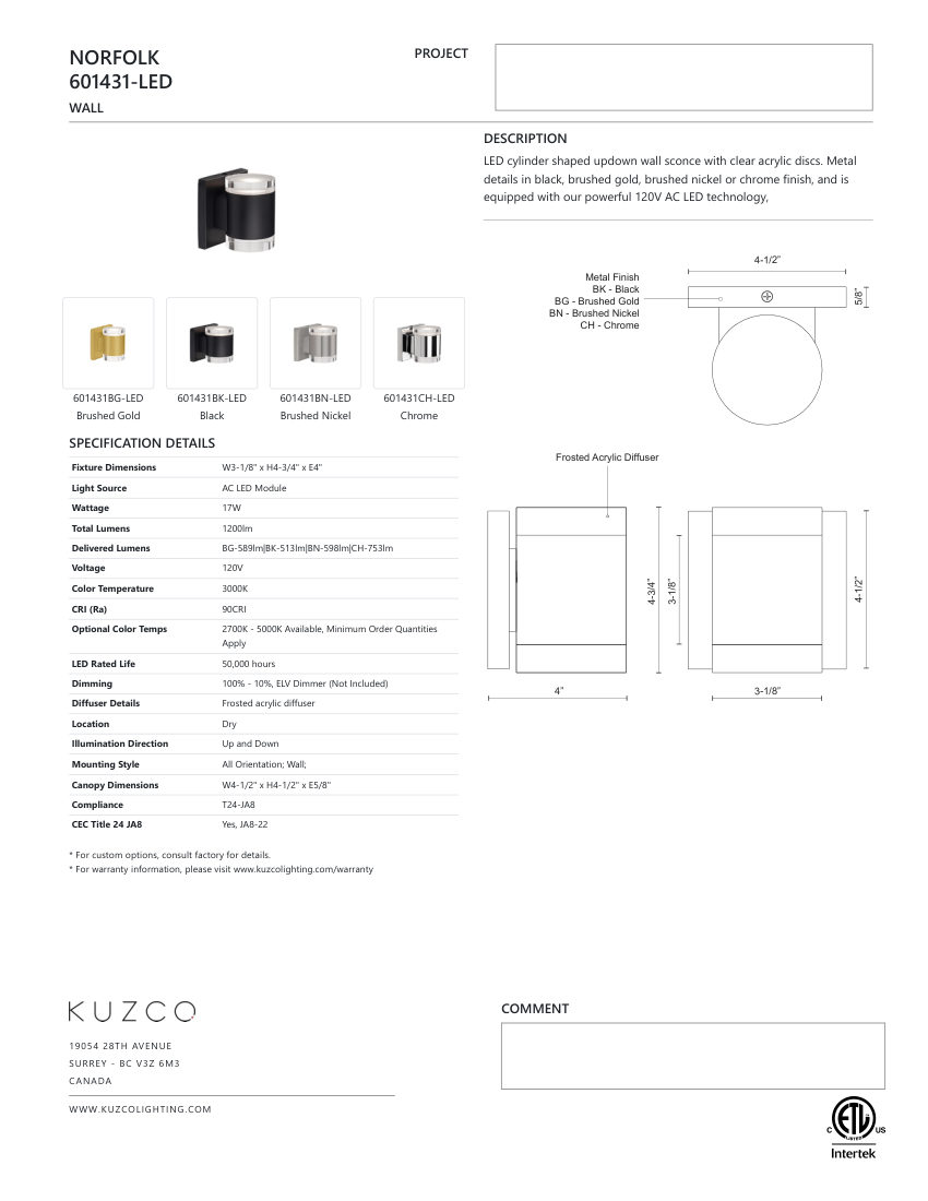 Kuzco Lighting 601431BK-LED cut sheet — first page