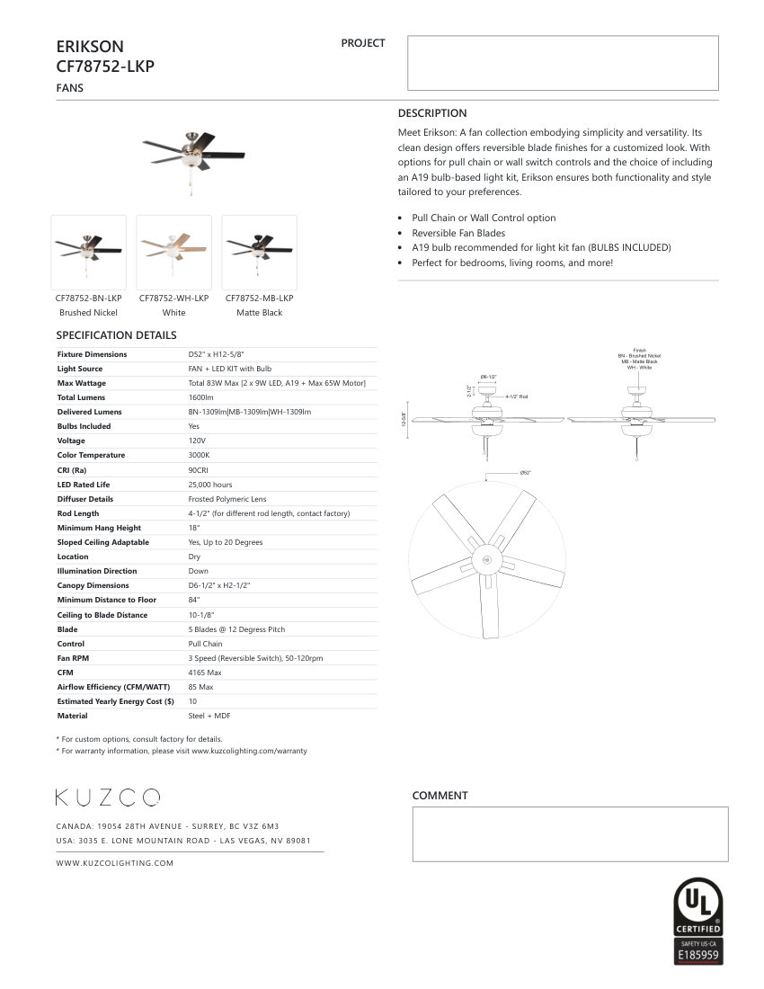 Kuzco Lighting CF78752-MB-LKP cut sheet — first page