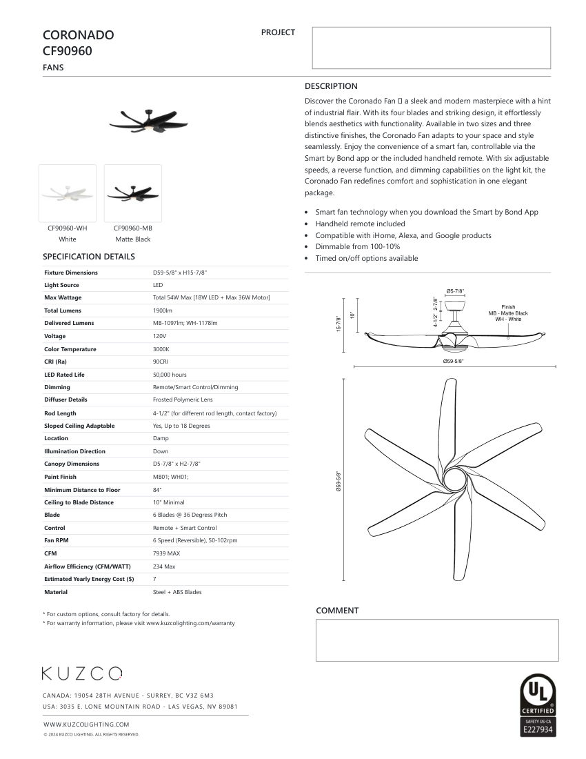 Kuzco Lighting CF90960-MB cut sheet — first page