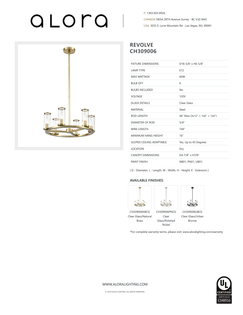 Kuzco Lighting CH309006PNCG cut sheet — first page