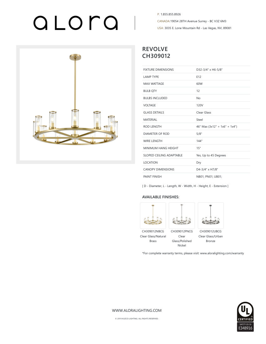 Kuzco Lighting CH309012NBCG cut sheet — first page
