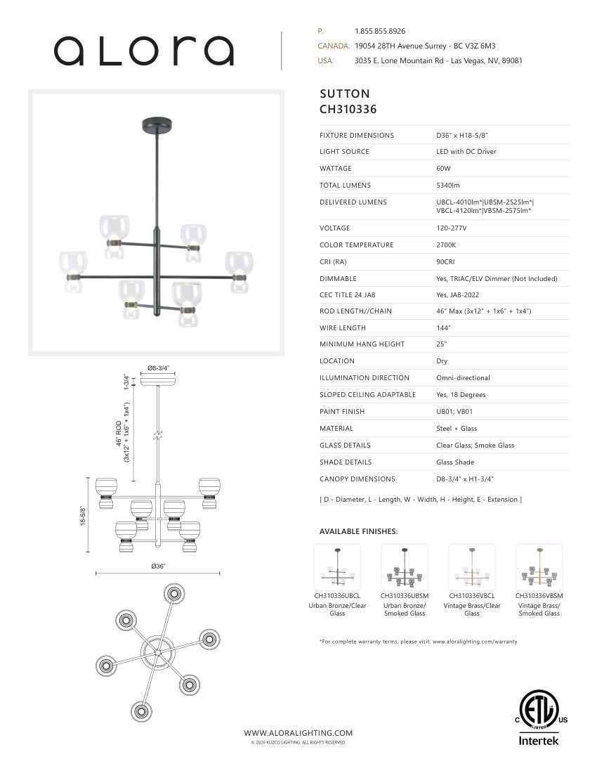 Kuzco Lighting CH310336UBCL cut sheet — first page