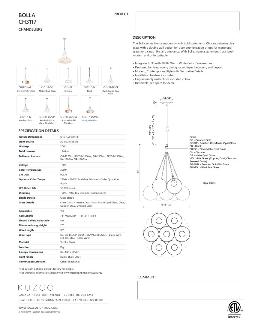 Kuzco Lighting CH3117-MGL cut sheet — first page