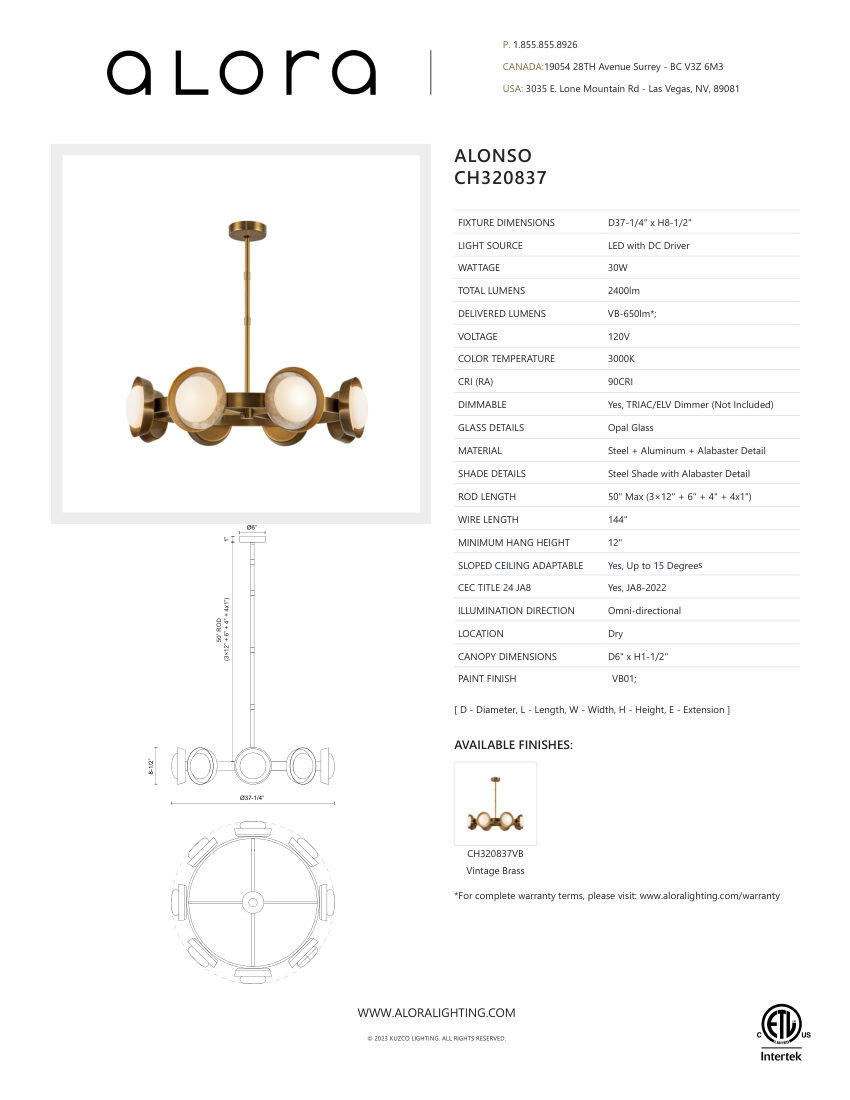 Kuzco Lighting CH320837UBAR-UNV cut sheet — first page